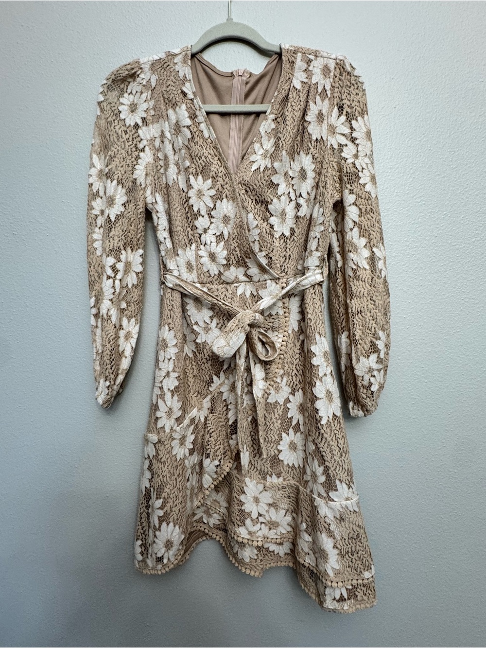 Beige and White Floral Lace Wrap Dress